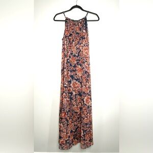 Xhilaration Women's Floral Lined Navy Blue/Rust Maxi Dress Side Slits Size S